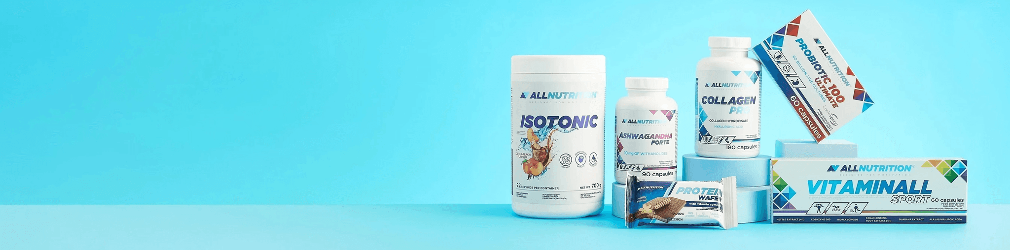 Allnutrition supplements and active nutrition product range, isotonic, protein, collagen, multivitamin, health supplement
