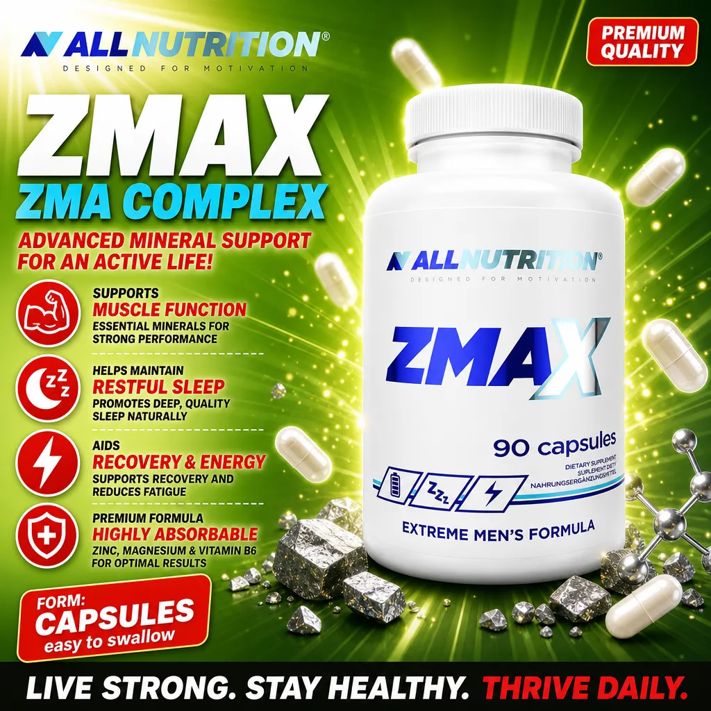 AllNutrition ZMAX 90 capsules ZMA complex supplement for muscle function, restful sleep, and recovery, with zinc, magnesium, and vitamin B6 in a highly absorbable formula. White bottle with blue text on a green background.