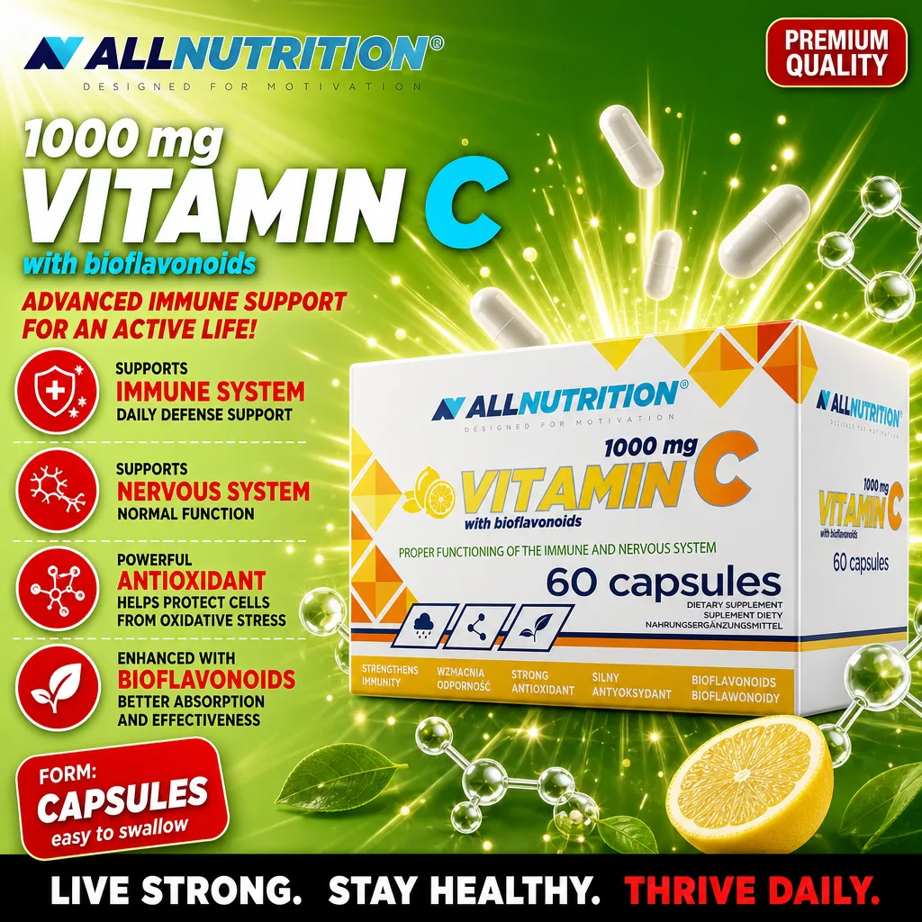 Allnutrition Vitamin C 1000 mg with Bioflavonoids, dietary supplement in capsule form, 60-count pack, supports immune and nervous system, antioxidant, green and yellow packaging.