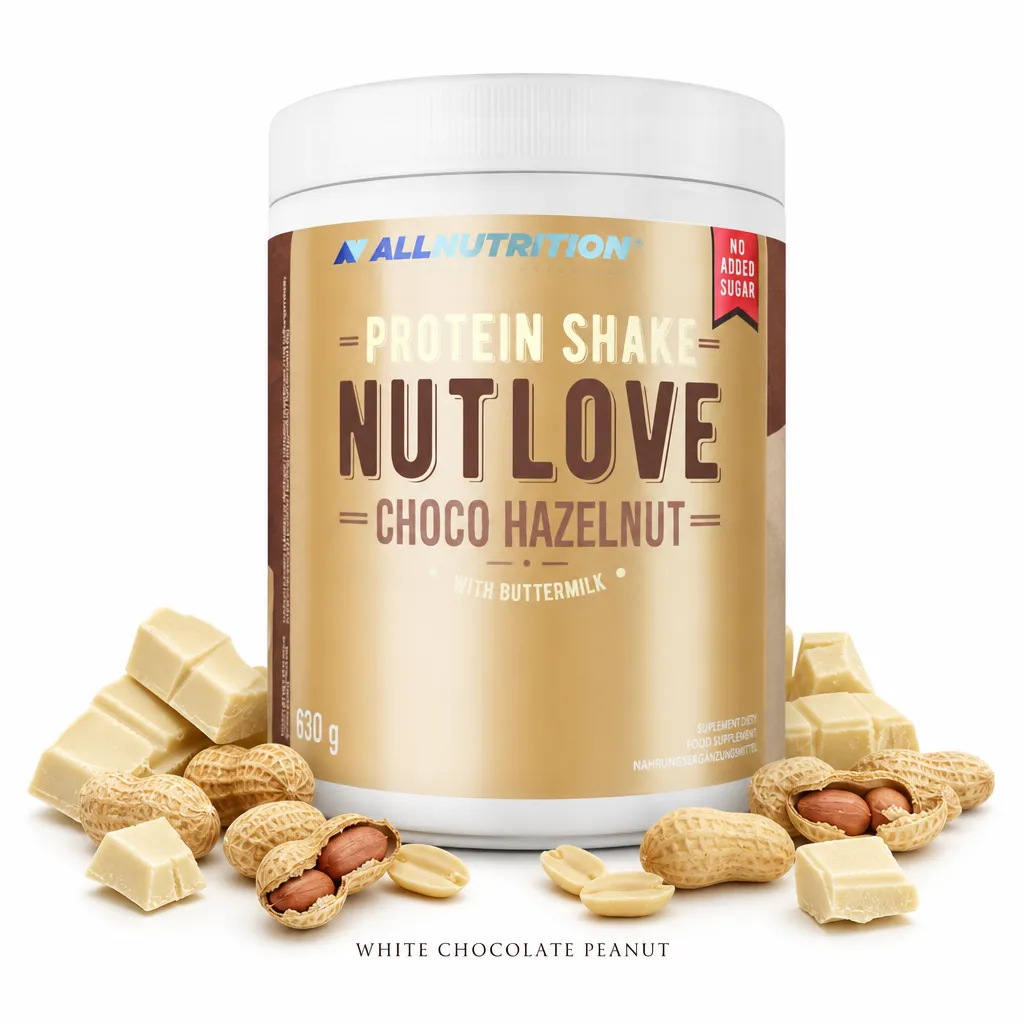 Allnutrition NUTLOVE Protein Shake 630g, Choco Hazelnut flavour, high-protein powder with buttermilk, white chocolate pieces, and peanuts, no added sugar.