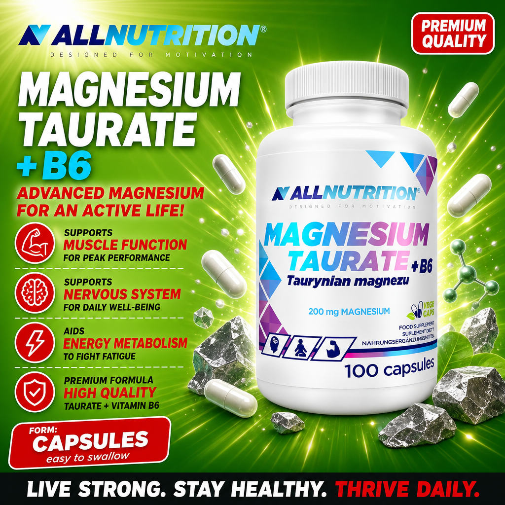 Allnutrition Magnesium Taurate + B6 capsules, a magnesium and vitamin B6 supplement for muscle function, nervous system support, and energy metabolism, 100 capsule bottle, green-themed packaging.