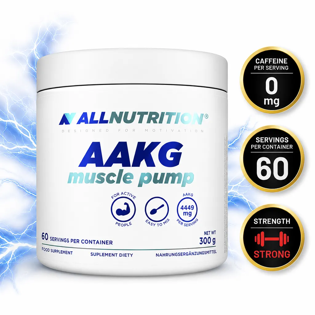 Allnutrition AAKG Muscle Pump 300g pre-workout powder supplement in a white tub with 60 servings and 4449 mg AAKG per serving