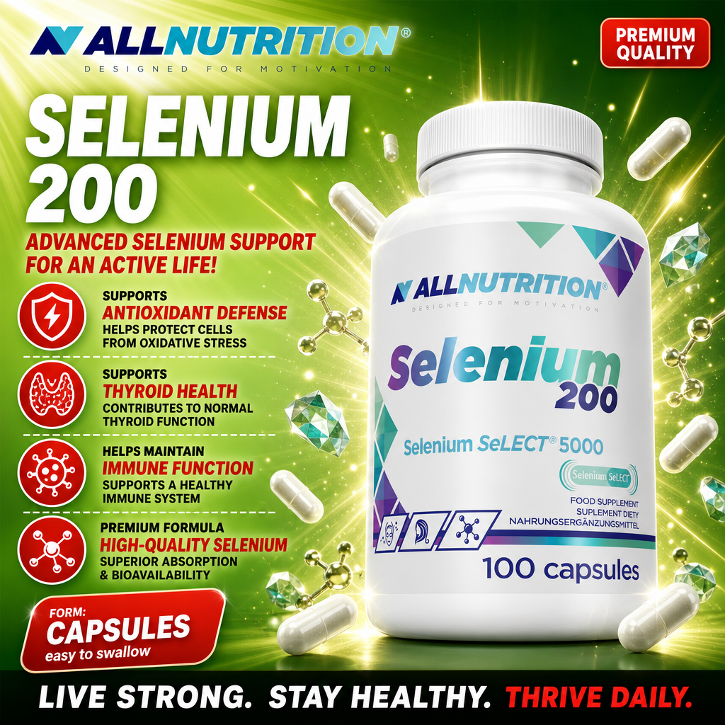 Allnutrition Selenium 200 capsules, a selenium supplement for antioxidant defense, thyroid health, and immune function, in a white bottle with 100 capsules.