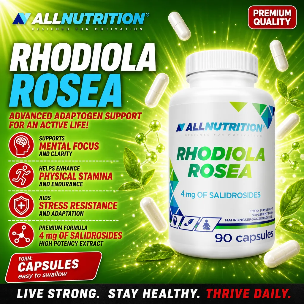 Allnutrition Rhodiola Rosea capsules, an adaptogen supplement with 4 mg of salidrosides per serving, designed to support mental focus, physical stamina, and stress resistance. 90 capsules bottle, green-themed packaging.