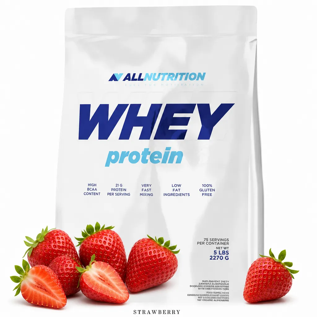 Allnutrition Whey Protein 2270g strawberry whey protein concentrate powder in a white 5 lb pouch with 75 servings