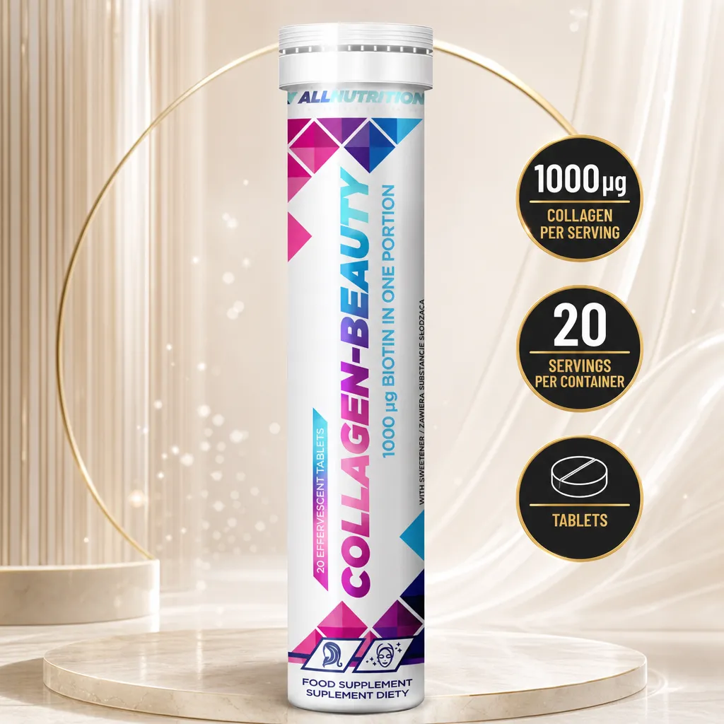 Allnutrition Collagen Beauty effervescent tablets, 20 servings with 1000 µg biotin per serving in a white tube