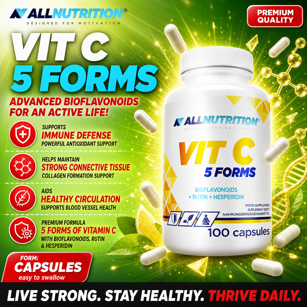 Allnutrition Vit C 5 Forms vitamin C supplement with bioflavonoids, rutin, and hesperidin, 100 capsules, shown with green and yellow background and capsule imagery.