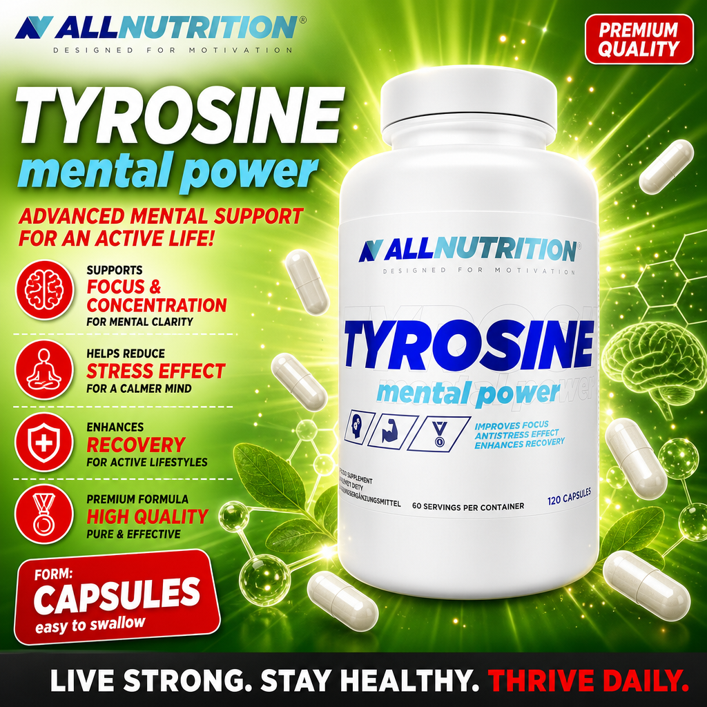 Allnutrition Tyrosine Mental Power 120 capsules dietary supplement for mental focus, stress reduction, and recovery, in capsule form with a white and green design.
