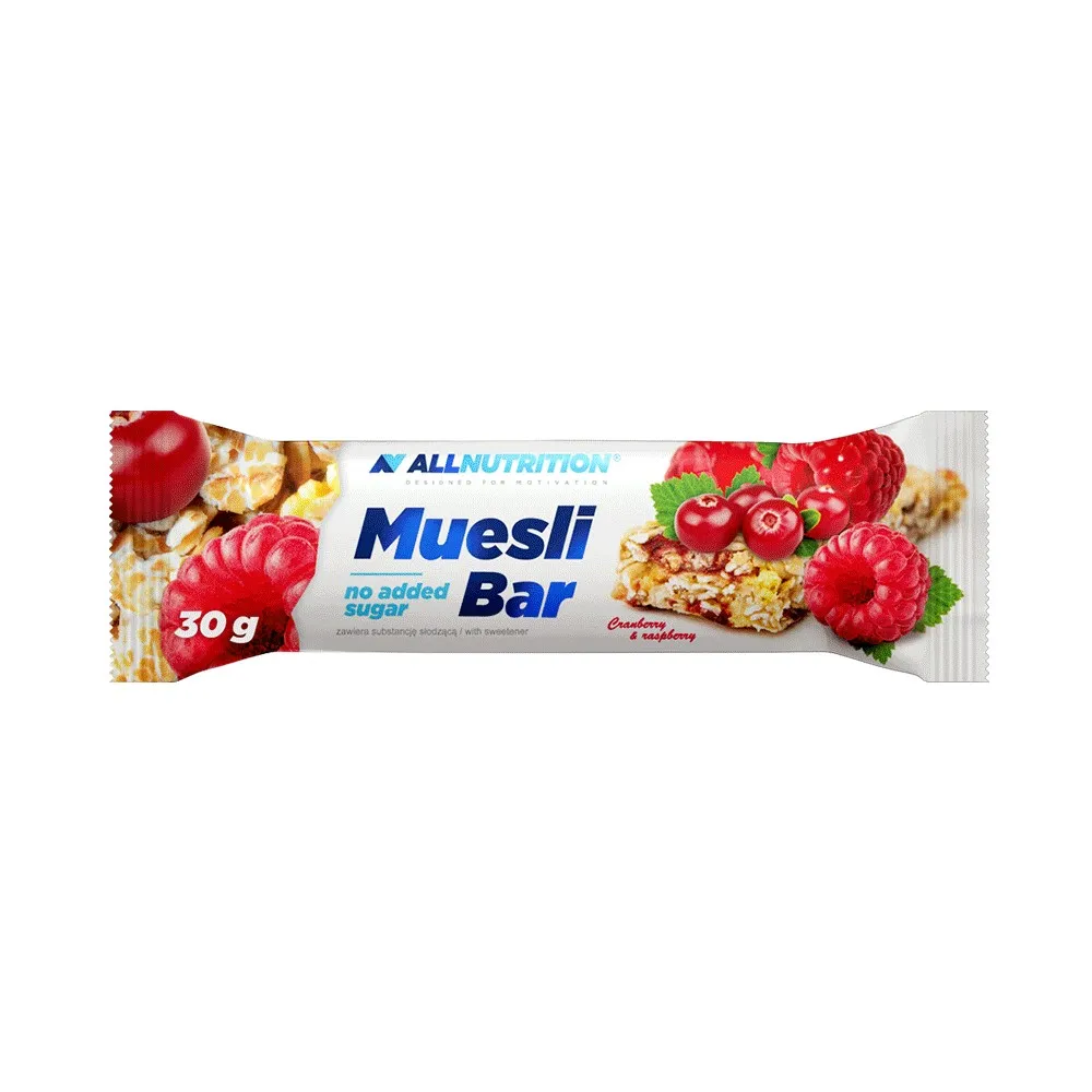 Allnutrition Muesli Bar cranberry and raspberry flavour, 30g, no added sugar, muesli snack bar with visible cranberries and raspberries on white packaging.