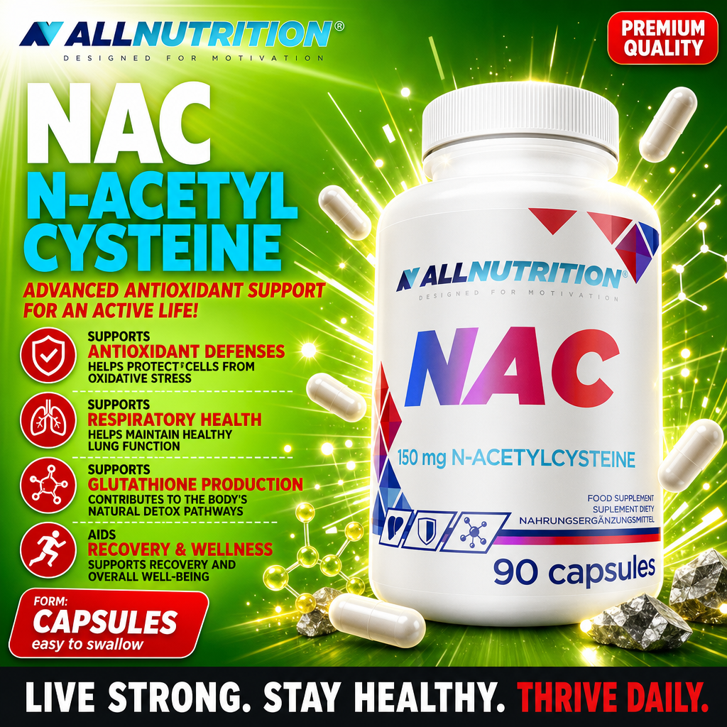 Allnutrition NAC 90 capsules N-acetylcysteine antioxidant supplement, 150 mg per capsule, shown in a white bottle with colorful branding and green background.
