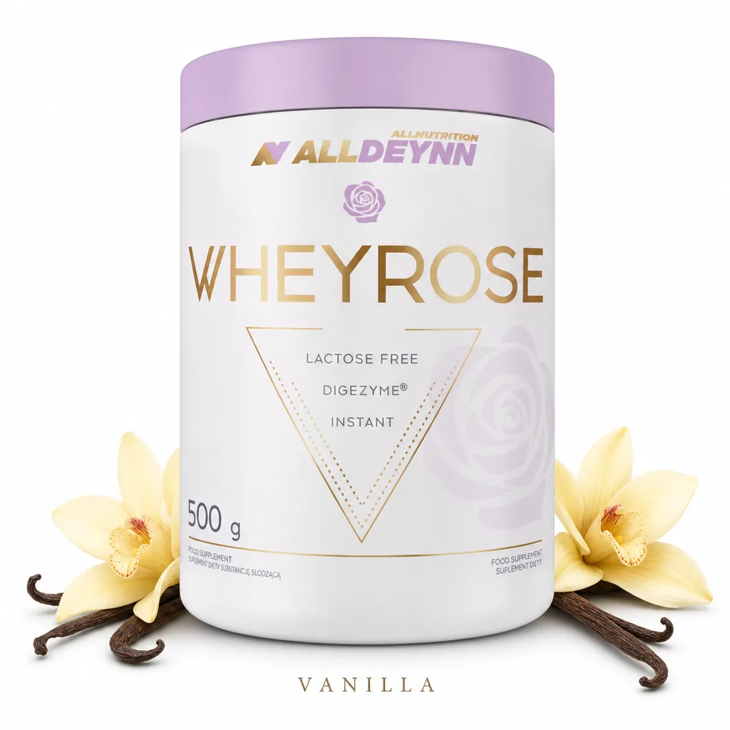 Allnutrition ALLDEYNN Wheyrose 500g vanilla lactose-free whey protein powder with DigeZyme enzymes, shown in a white and gold container with vanilla flowers and pods.