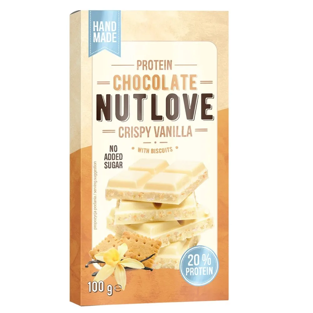Nutlove Protein Chocolate Crispy Vanilla 100g white chocolate bar with biscuits and vanilla flavour, high protein, no added sugar, beige and cream packaging.