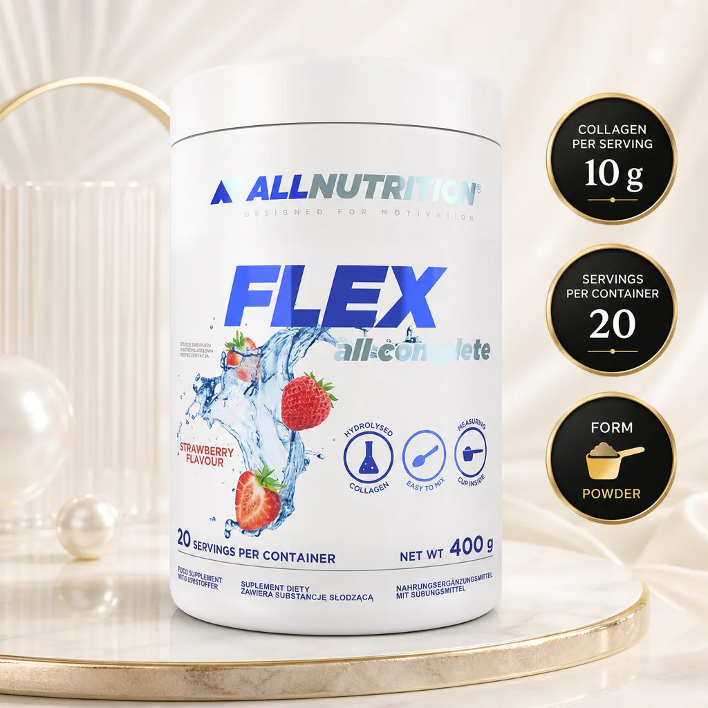 Allnutrition Flex All Complete 400g joint support powder with hydrolysed collagen, strawberry flavour, 20 servings, and 10g collagen per serving