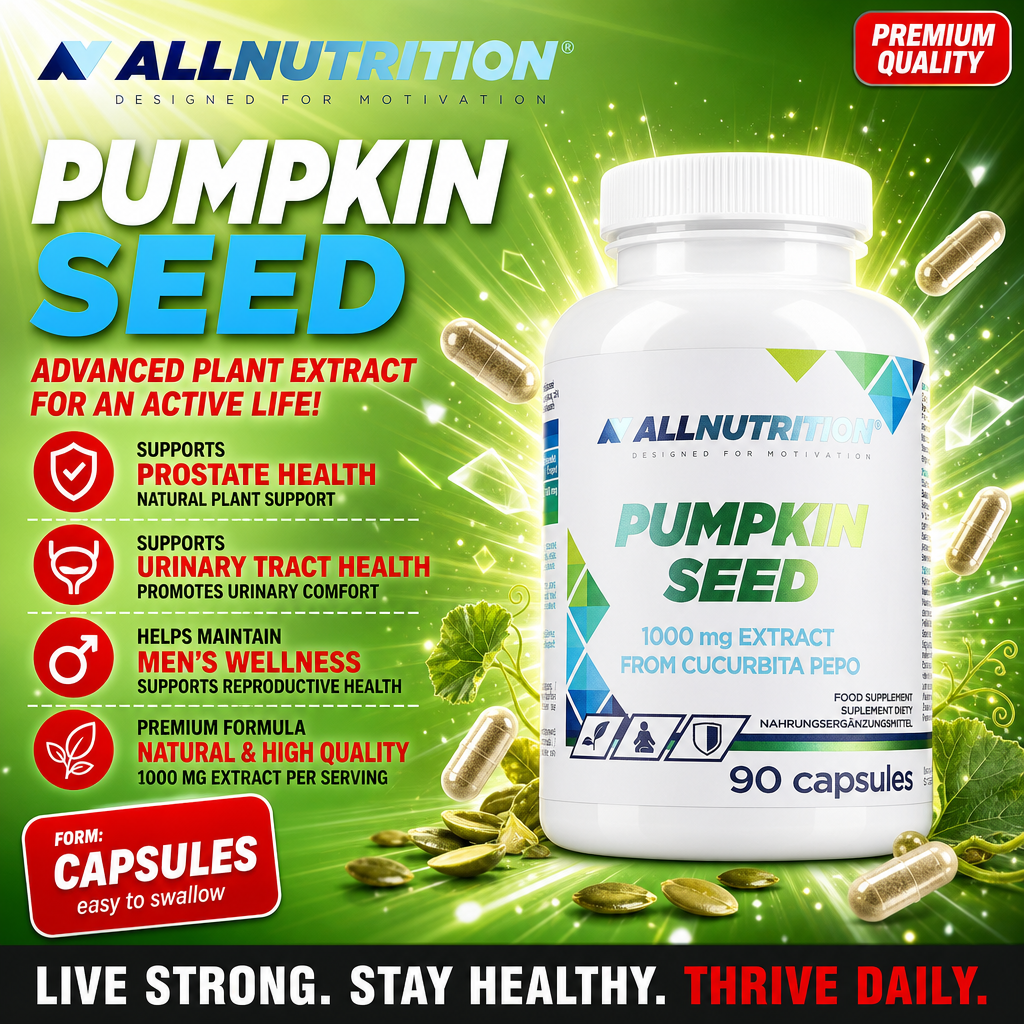 Allnutrition Pumpkin Seed 90 capsules, a dietary supplement with 1000 mg pumpkin seed extract per serving, designed to support prostate health, urinary tract health, and men's wellness. White bottle with green and blue accents.