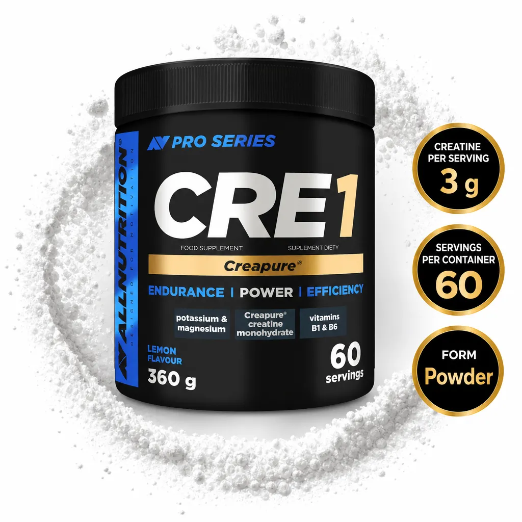 Allnutrition Pro Series CRE1 Creapure creatine monohydrate powder, lemon flavour, 360g tub with 60 servings and 3g per serving.