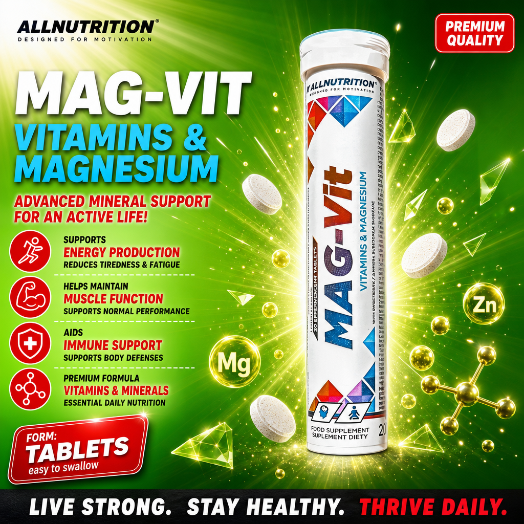 Allnutrition Mag-Vit Vitamins & Magnesium effervescent tablets, 20-count tube, for energy, muscle function, and immune support, with a green background and supplement icons.
