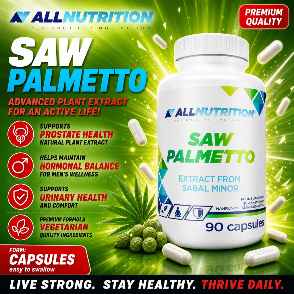 Allnutrition Saw Palmetto extract from Sabal Minor, 90 capsules, vegetarian dietary supplement for prostate health, hormonal balance, and urinary health. White bottle with green and blue accents.