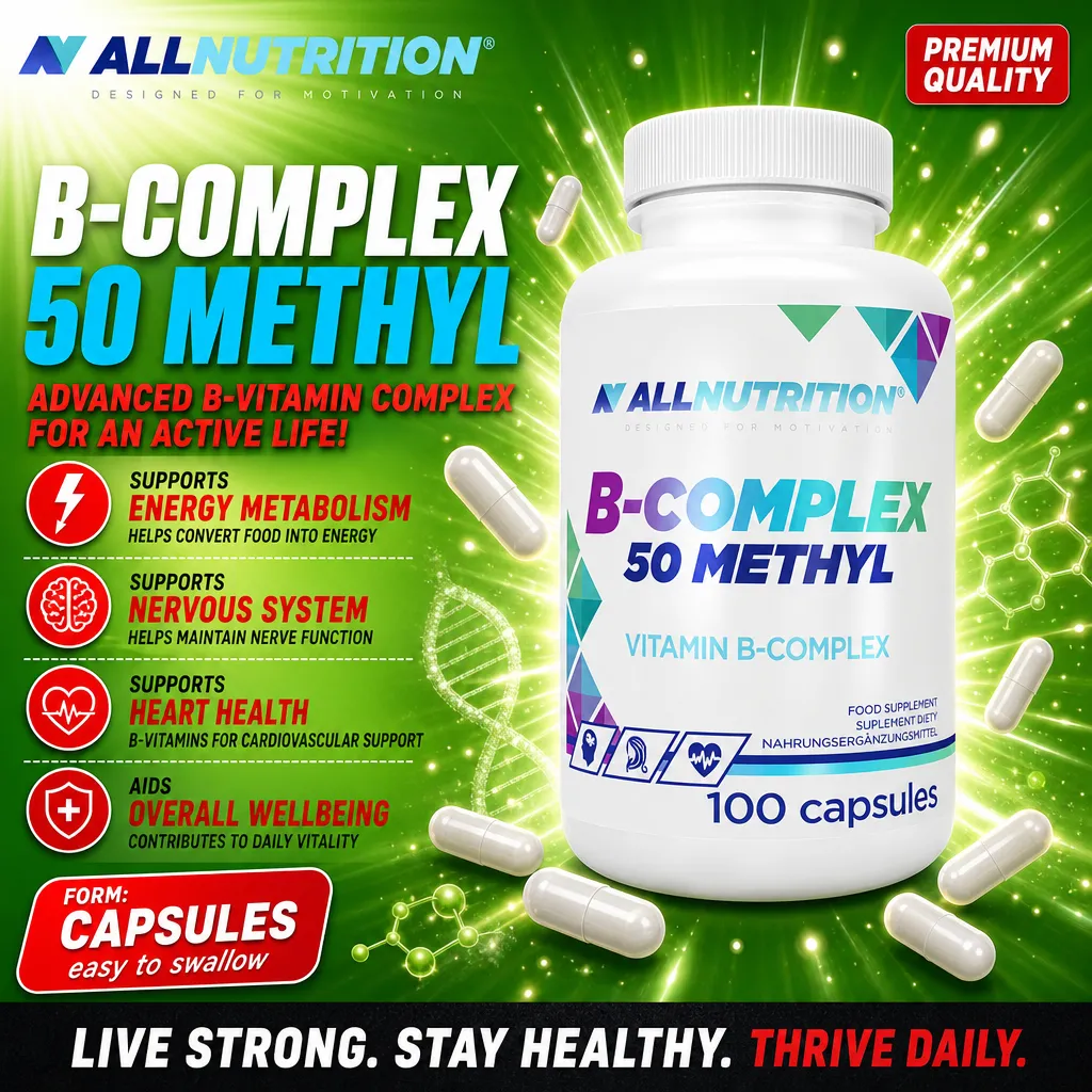 Allnutrition B-Complex 50 Methyl vitamin B-complex supplement in capsule form, 100 capsules, designed to support energy metabolism, nervous system, heart health, and overall wellbeing. White bottle with blue and green accents.