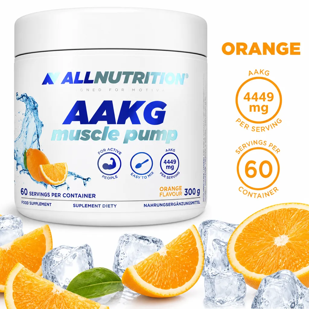 Allnutrition AAKG Muscle Pump orange-flavour pre-workout powder, 300g tub with 60 servings and 4449mg AAKG per serving.