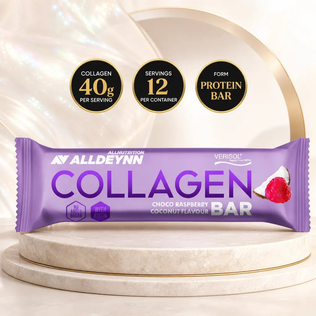 Allnutrition ALLDEYNN Collagen Bar in a 40g protein bar with choco raspberry coconut flavour and purple packaging