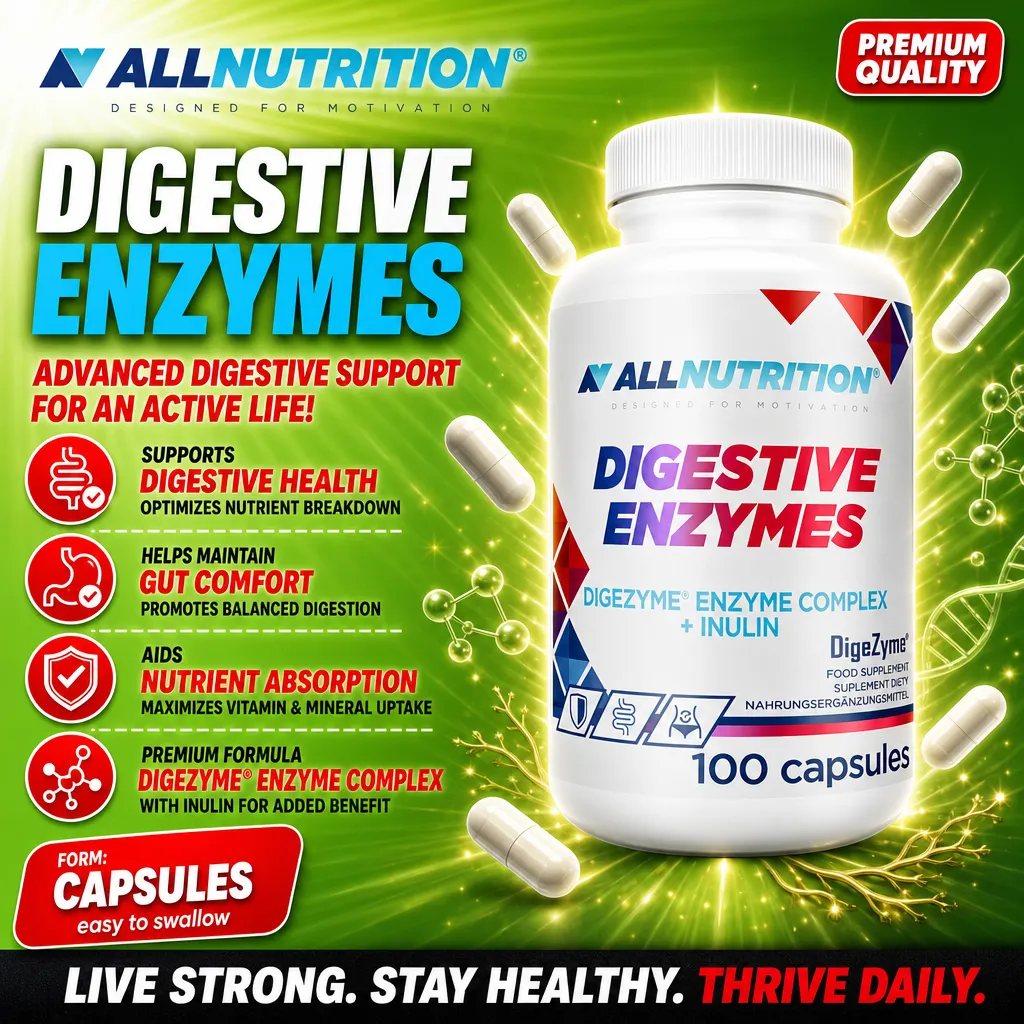 Allnutrition Digestive Enzymes 100 capsules, a dietary supplement with Digezyme enzyme complex and inulin, designed to support digestive health and nutrient absorption, in a white bottle with a green background.