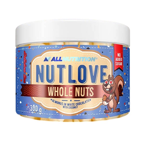 AllNutrition Nutlove Whole Nuts almonds in white chocolate with coconut, 300g jar, blue label, no added sugar, snack product