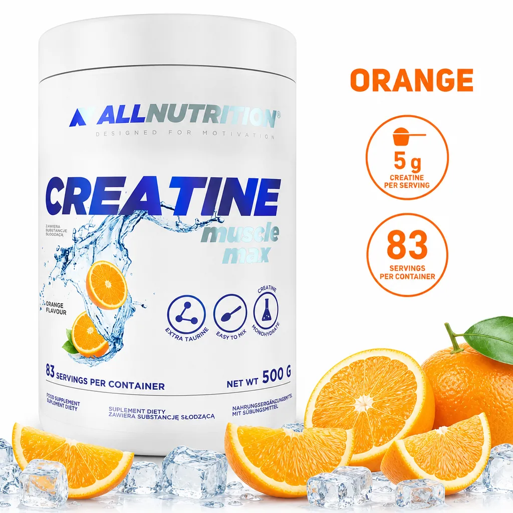 Allnutrition Creatine Muscle Max 500g orange-flavoured creatine monohydrate powder with taurine in a white tub