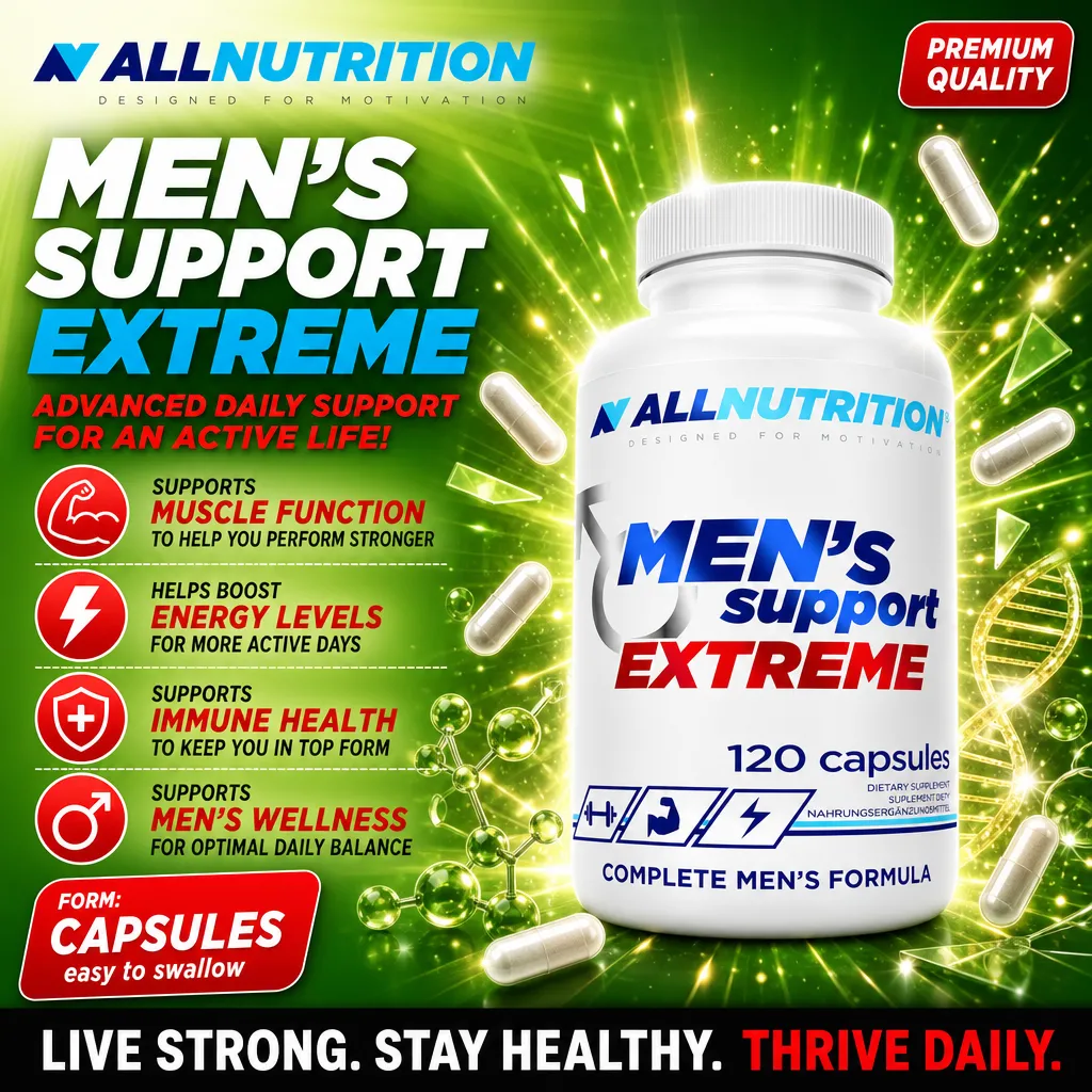 Allnutrition Men's Support Extreme 120 capsules men's health supplement, daily support formula in capsule form, white bottle with blue and red text, green background.