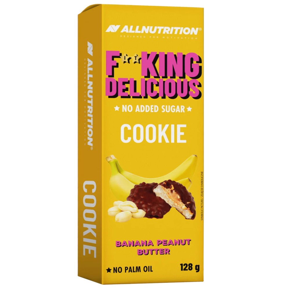 Allnutrition Fitking Delicious Cookie 128g in branded packaging, highlighting no added sugar and protein content.