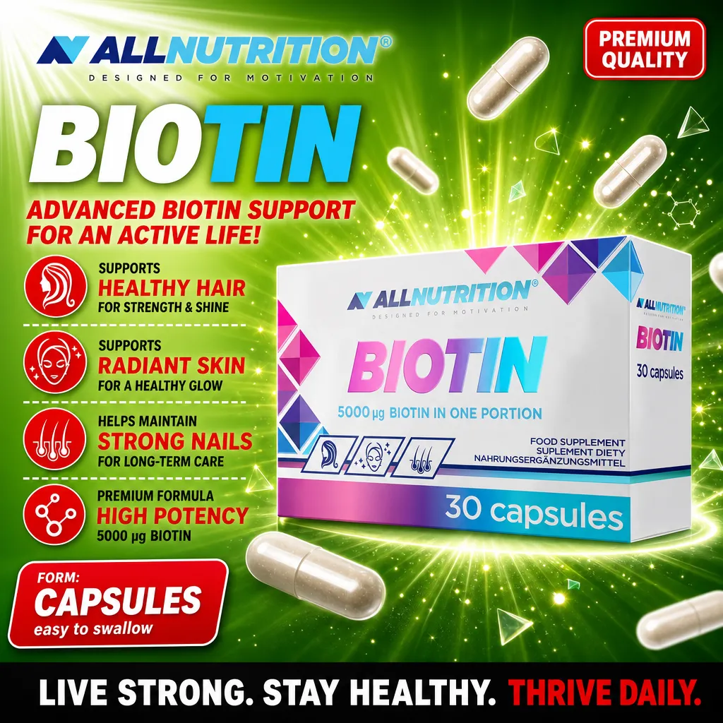 Allnutrition Biotin 30 capsules, a high-potency biotin food supplement for healthy hair, skin, and nails, with 5000 µg biotin per serving, in capsule form. The packaging is predominantly white with colorful geometric accents.