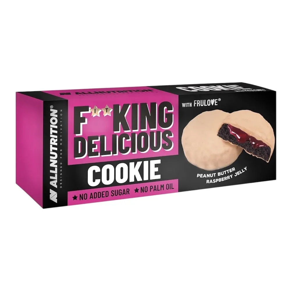 Allnutrition Fitking Delicious Cookie 128g Peanut Butter Raspberry Jelly is a no added sugar, no palm oil protein cookie with a peanut butter and raspberry jelly filling.