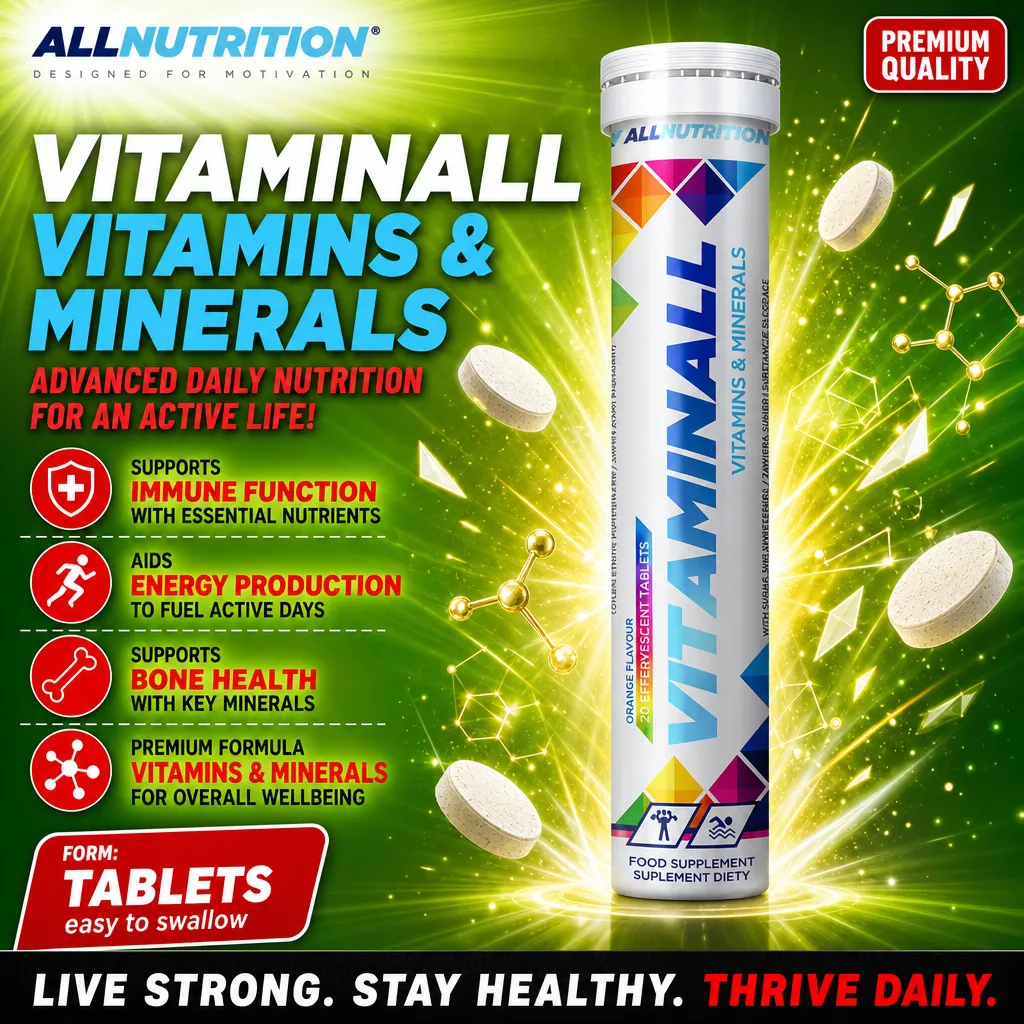 Allnutrition Vitaminall 20 Effervescent Tabs Orange is a food supplement with vitamins and minerals in orange flavour, designed for daily nutrition and immune support.