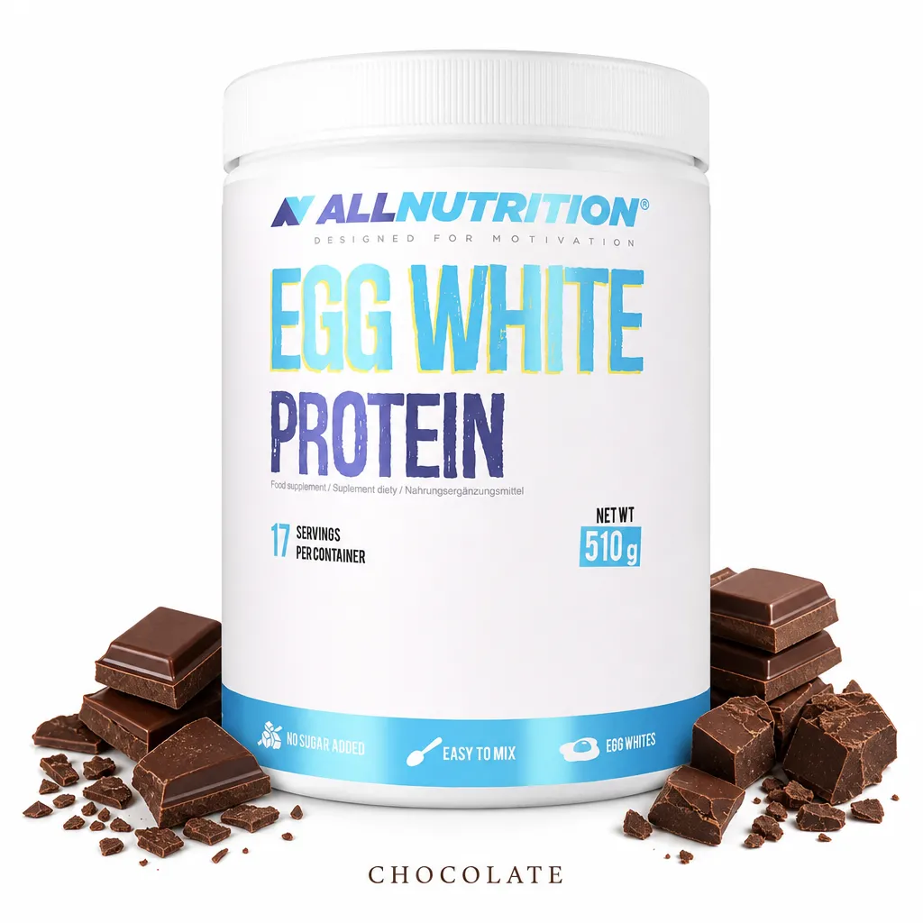 Allnutrition Egg White Protein 510g chocolate flavour protein powder, lactose-free, high-protein supplement with no added sugar, suitable for athletes.