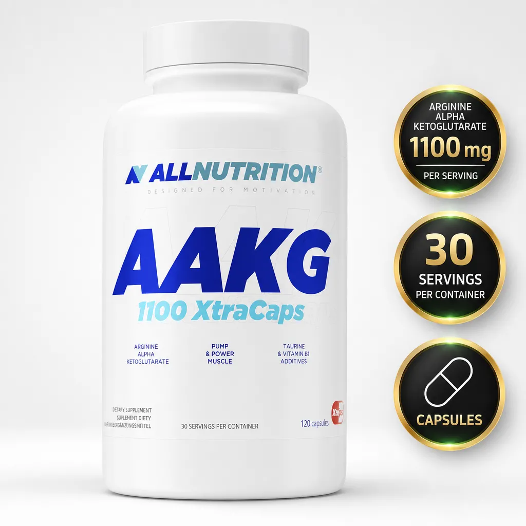 Allnutrition AAKG 1100 XtraCaps dietary supplement in a white bottle with 120 capsules for sports nutrition