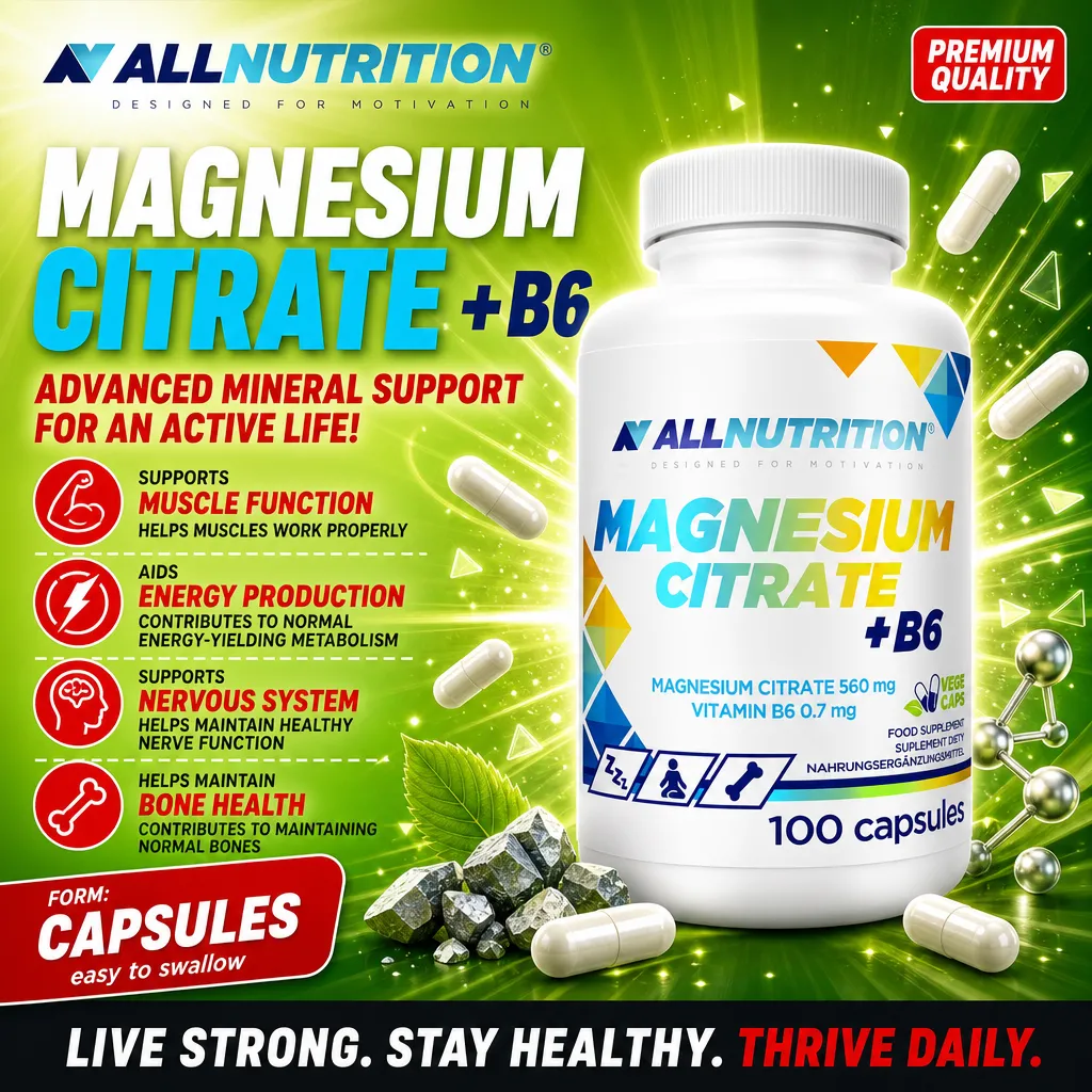 Allnutrition Magnesium Citrate + B6 is a dietary supplement in capsule form, containing 560 mg magnesium citrate and 0.7 mg vitamin B6 per serving, designed to support muscle function, energy production, nervous system, and bone health. The packaging is p