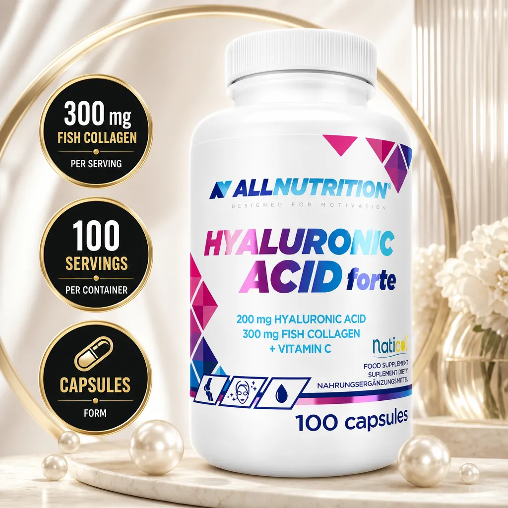 Allnutrition Hyaluronic Acid Forte dietary supplement with 200 mg hyaluronic acid, 300 mg fish collagen, vitamin C and 100 capsules