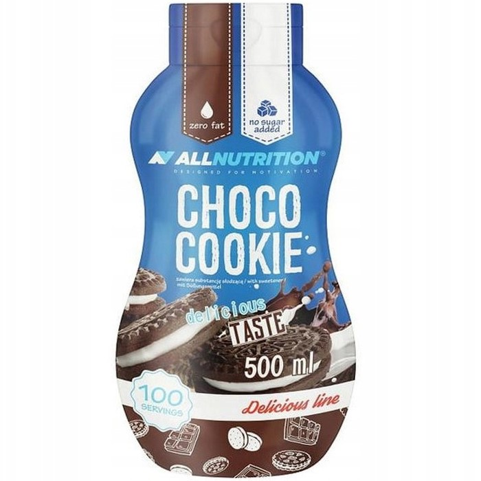 Allnutrition Choco Cookie Sweet Sauce 500ml, chocolate cookie-flavour dessert sauce with zero fat and no sugar added, in a blue and brown bottle.