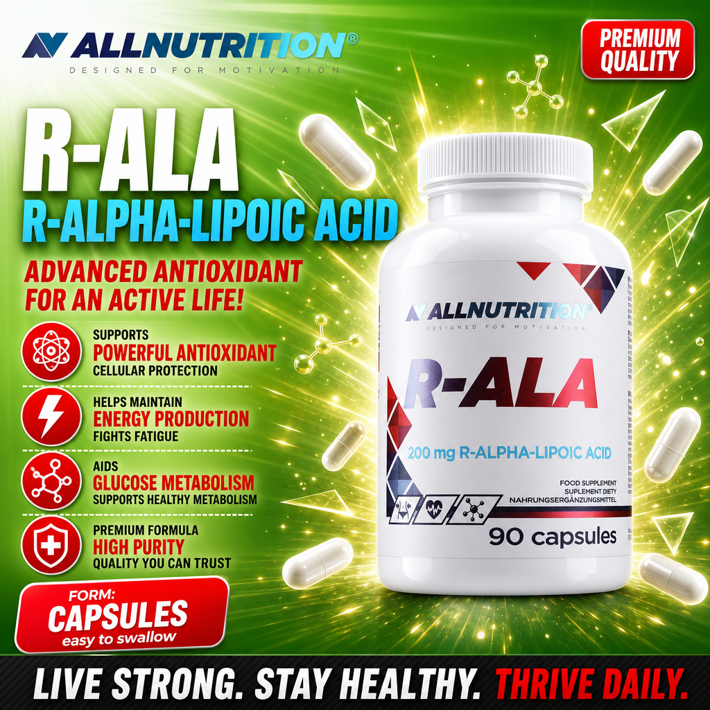 Allnutrition R-ALA 90 capsules dietary supplement with 200 mg R-alpha-lipoic acid per capsule, advanced antioxidant formula for energy and metabolism support, white bottle with colorful geometric accents.