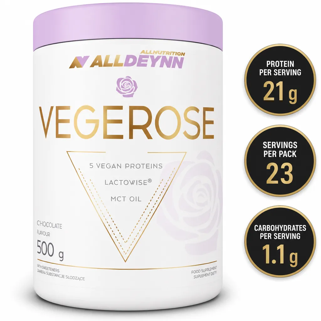 Allnutrition ALLDEYNN Vegerose 500g chocolate-flavoured vegan plant protein powder in a white and lilac tub