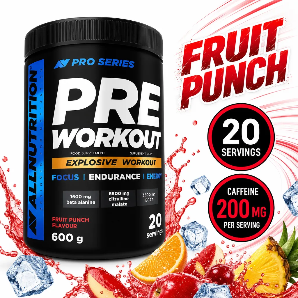 Allnutrition Pre Workout 600g fruit punch pre-workout supplement powder in a black tub with 20 servings and 200mg caffeine per serving.