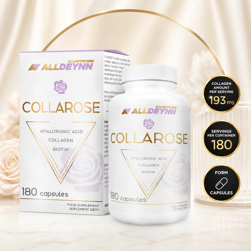 Allnutrition ALLDEYNN Collarose collagen supplement with hyaluronic acid and biotin, 180 capsules in a white and gold package