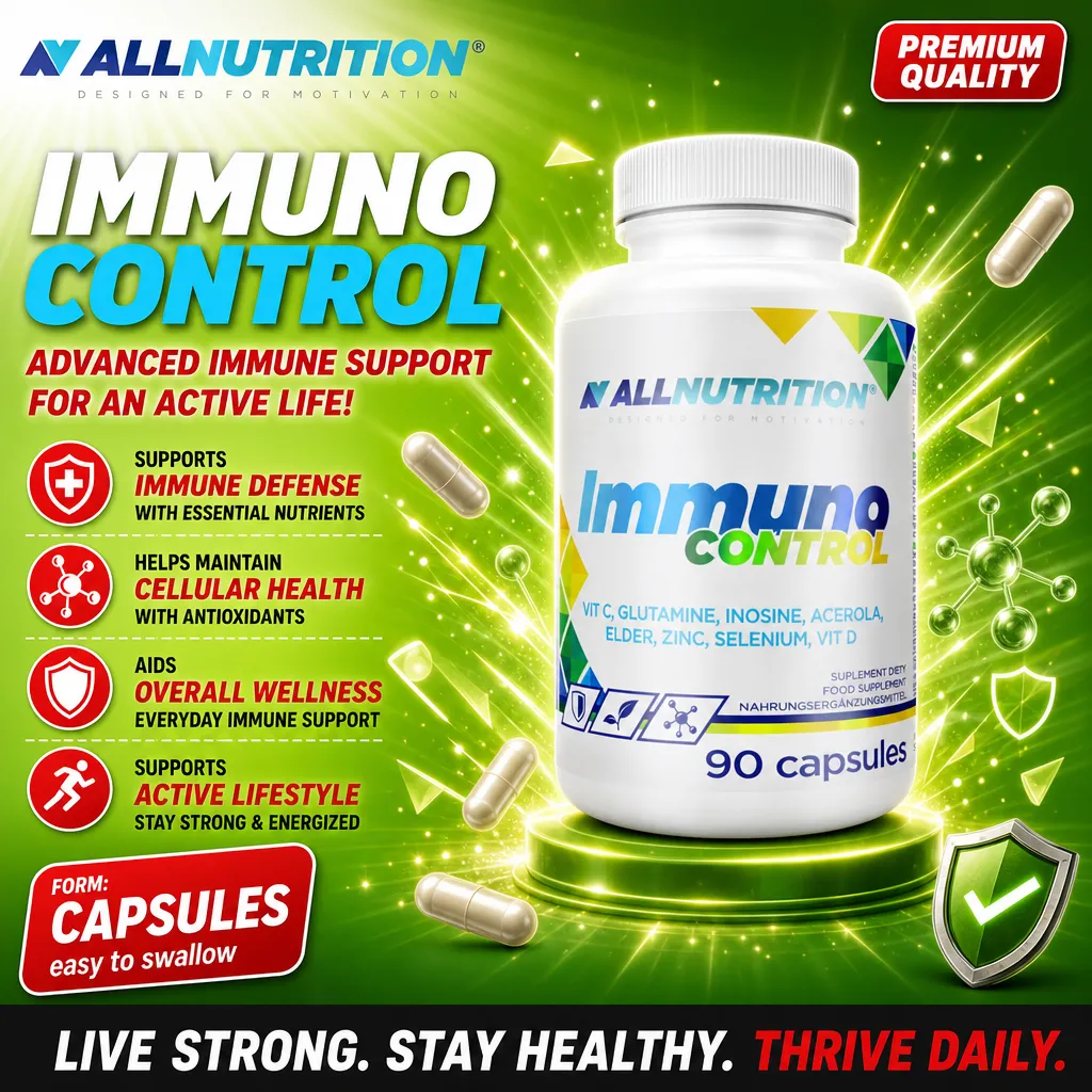 Allnutrition Immuno Control 90 capsules immune support supplement with vitamin C, glutamine, inositol, acerola, elder, zinc, selenium, and vitamin D, in capsule form, white bottle with green and blue design.