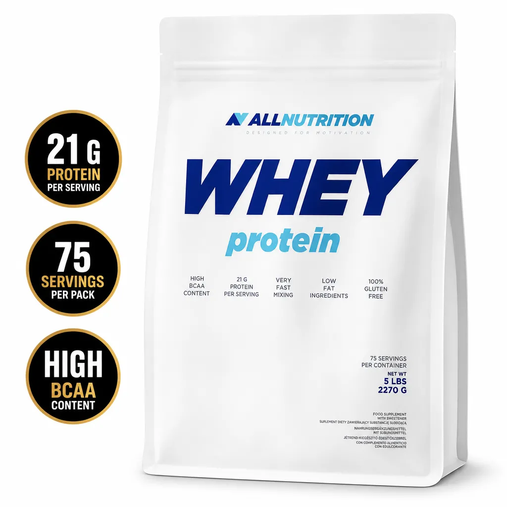 Allnutrition Whey Protein 2270g whey protein supplement in a white pouch, with 21g protein per serving and 75 servings