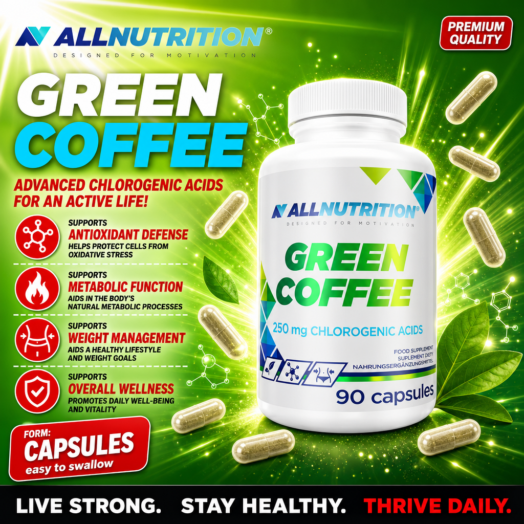 Allnutrition Green Coffee 90 capsules dietary supplement with 250 mg chlorogenic acids, in capsule form, designed to support antioxidant defense, metabolic function, weight management, and overall wellness. The packaging is predominantly green and white.