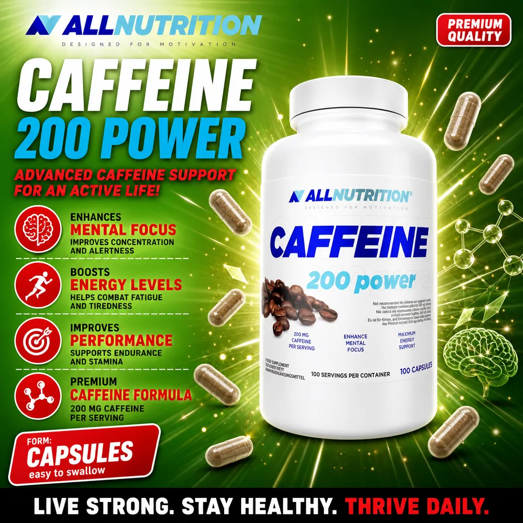 Allnutrition Caffeine 200 Power capsules, caffeine supplement with 200 mg caffeine per serving, 100 capsules per container, designed to enhance mental focus, boost energy, and improve performance. White bottle with blue text on a green background.