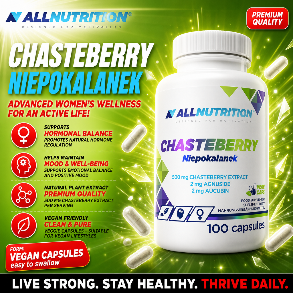 Allnutrition Chasteberry vegan capsules food supplement, 100-count bottle, supports hormonal balance and mood, suitable for vegan lifestyles, predominantly white and green packaging.