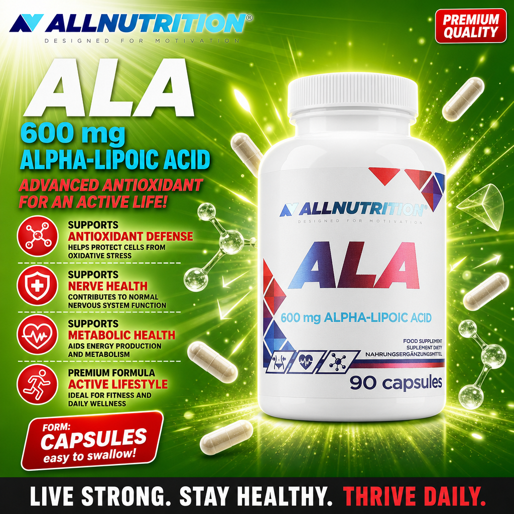 Allnutrition ALA 600mg Alpha-Lipoic Acid antioxidant supplement, 90 capsules, supports antioxidant defense, nerve health, and metabolic health, premium formula for active lifestyle, white bottle with colorful geometric accents.