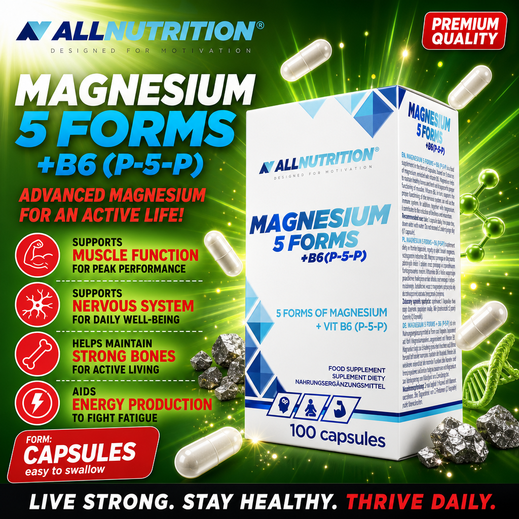 Allnutrition Magnesium 5 Forms + B6 (P-5-P) dietary supplement, 100 capsules, featuring five forms of magnesium and vitamin B6 for muscle, bone, and nervous system support. Dominant green and blue packaging.