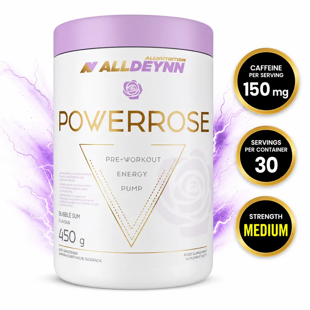Allnutrition ALLDEYNN Powerrose 450g bubble gum pre-workout supplement in a white tub with a lavender lid