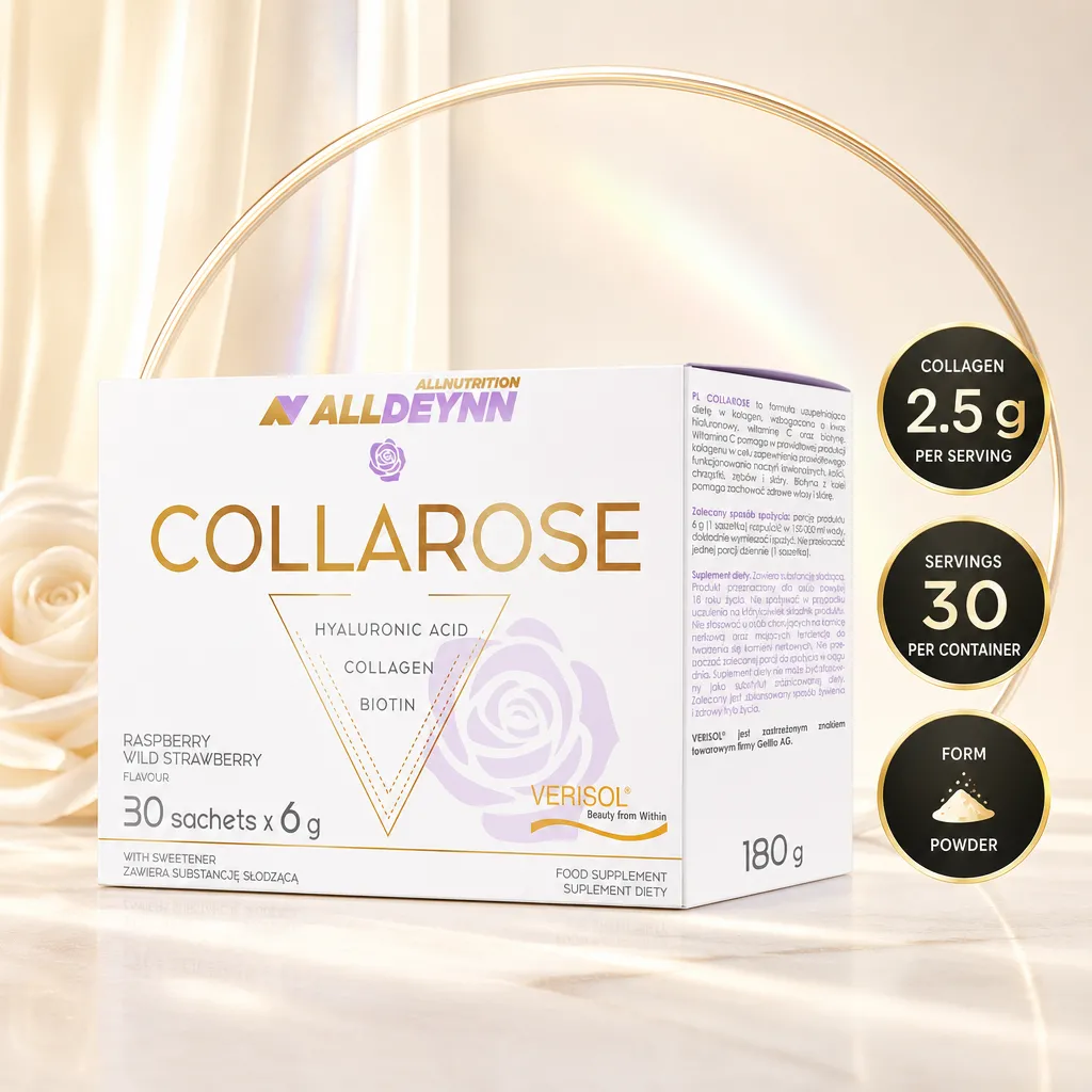 Allnutrition ALLDEYNN Collarose collagen powder supplement, raspberry wild strawberry flavour, 30 sachets of 6 g with hyaluronic acid and biotin